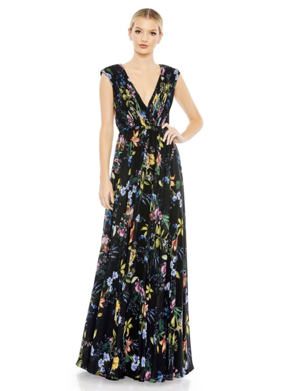 Mac Duggal Multicolor Pleated Floral Cap Sleeve A Line Gown